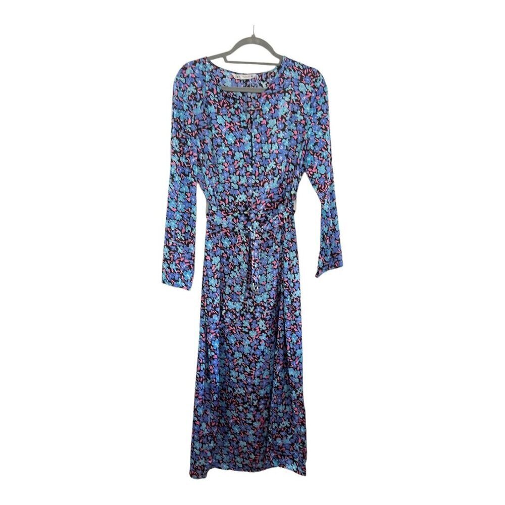 Zara Size L Floral Printed Midi Dress Blue Belted V-Neck Long Sleeve Satin